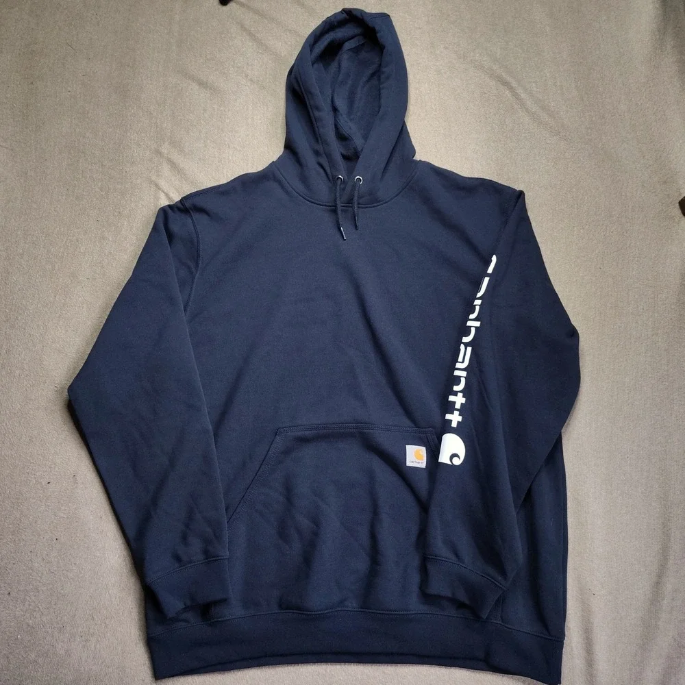 Carhartt Mens XL Loose Fit Midweight Logo Sleeve Hoodie Navy Blue K288 Fleece